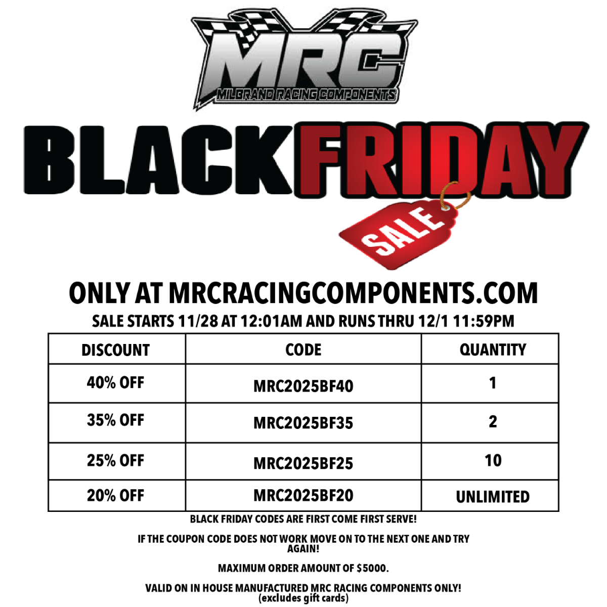 Black Friday sale flyer for MRC Racing Components with discount codes and quantities.
